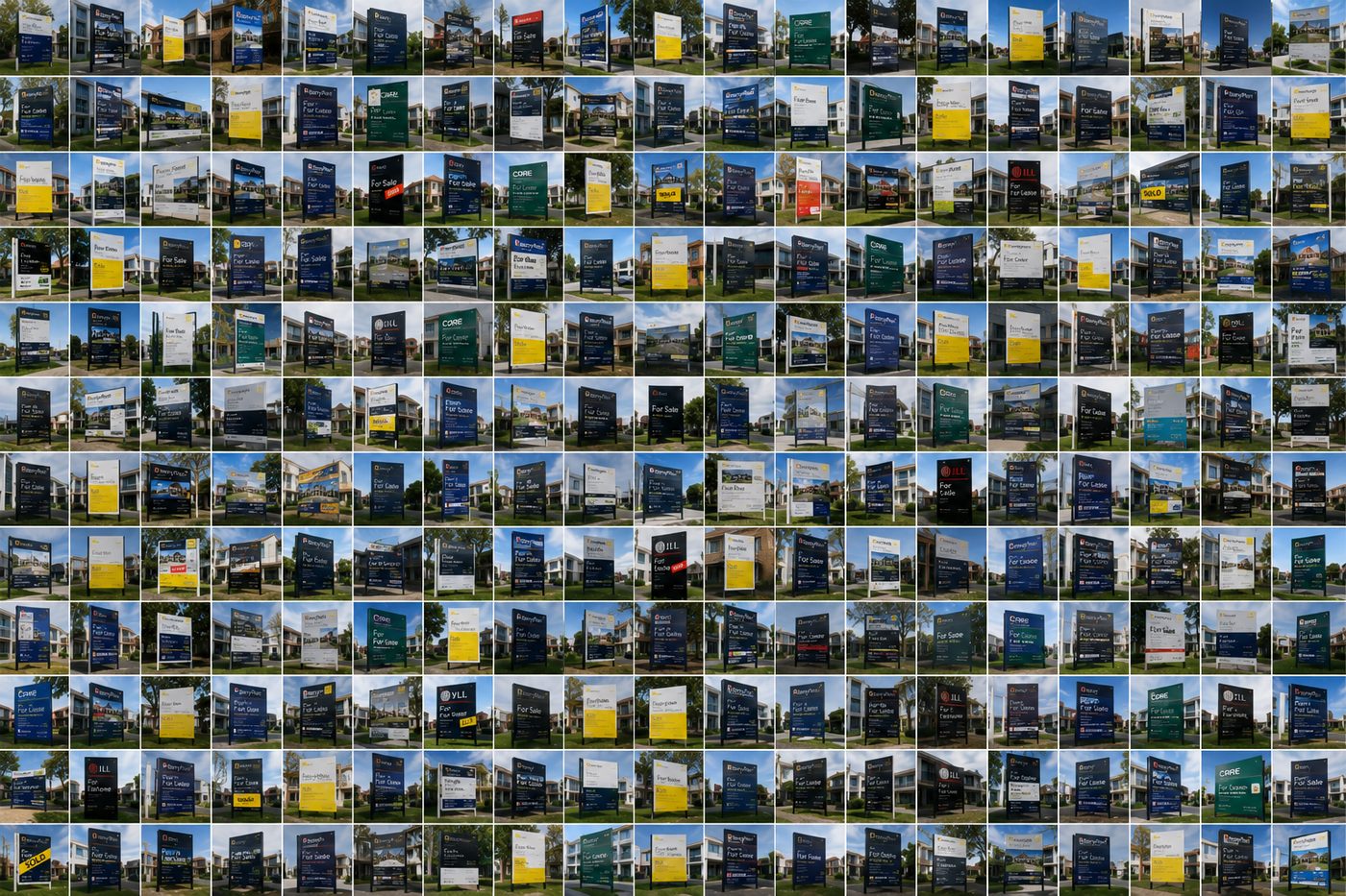 A wall of completed real estate signboards across Melbourne