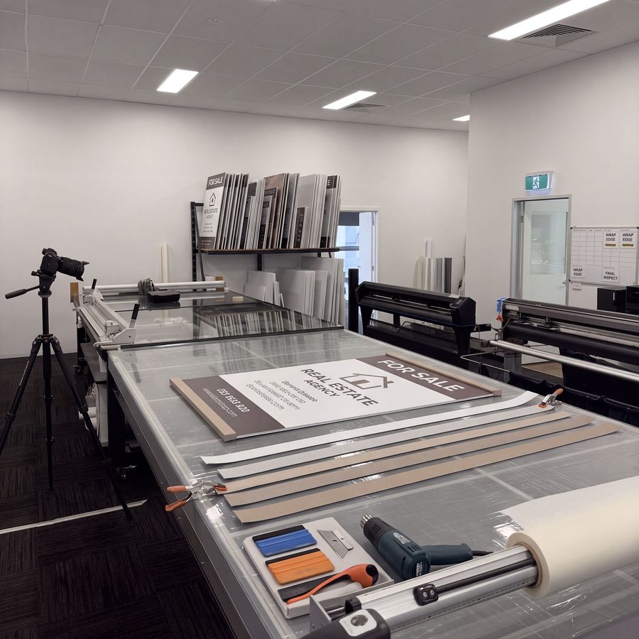 Real estate board being produced inside the Prestige workshop